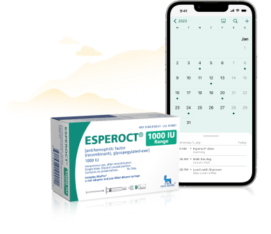 Esperoct® box and phone with calendar showing