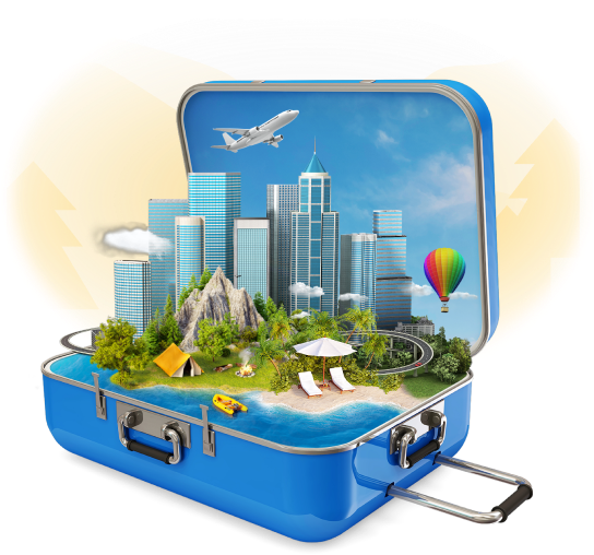 Open suitcase with landscapes