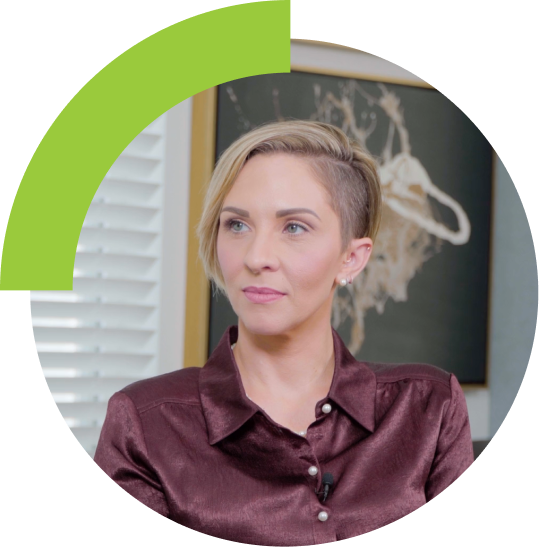 portrait of blond woman in circular graphic